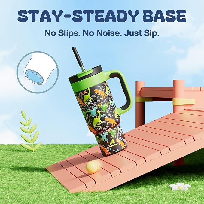 24 oz Kids Tumbler with Straw for Boys: Leakproof, Cold for 26 Hrs, Hot for 10 Hrs, Durable Handle, Insulated Stainless Steel Cup for Daycare, School, Classroom, Playtime, Birthday, Gift (Dino Rawr）