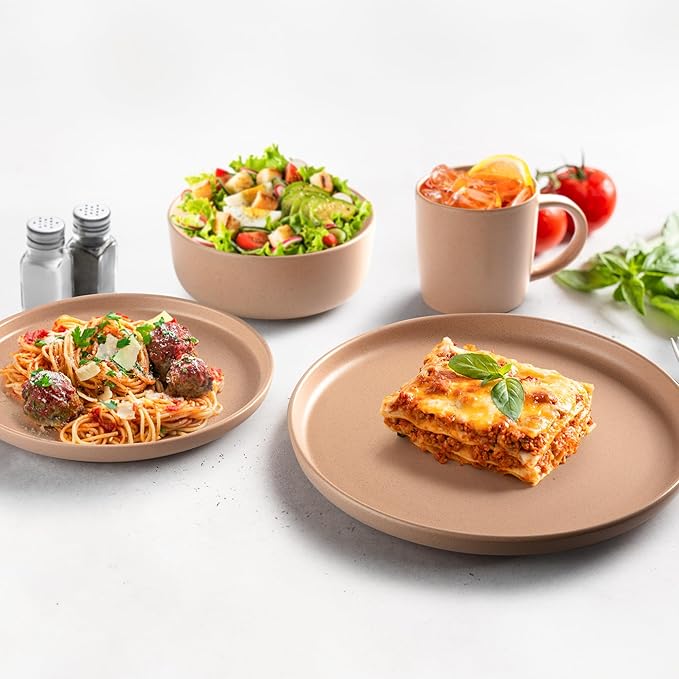 Zulay Kitchen Terra Stoneware 32-Piece Dinnerware Set, Artisanal Ceramic Plates and Bowls Set Crafted at 2300℉ - Service for 8, Terracotta Clay