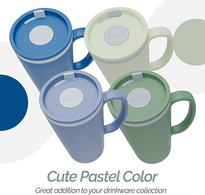 Copco Cone Travel Coffee Mug, 16 oz (Set of 4) - Insulated Drinkware with Spill-Proof Lid and Handle, Microwave & Dishwasher Safe - BPA-Free, Compact for Desk & Cup Holder Friendly (Assorted Colors)