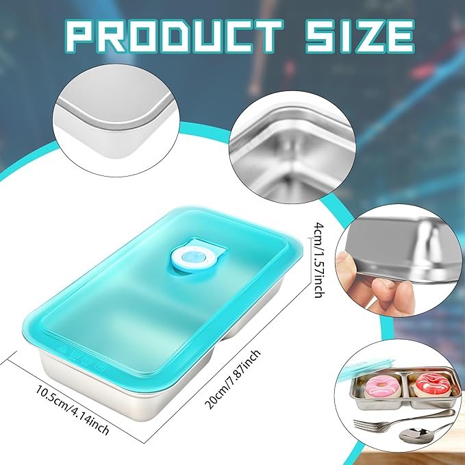 8 Set Stainless Steel Snack Containers with Lids Reusable 2 Compartment Snack Box Spoon Fork for Travel Outing Picnic Fruit Cookies Snacks Waffles Food