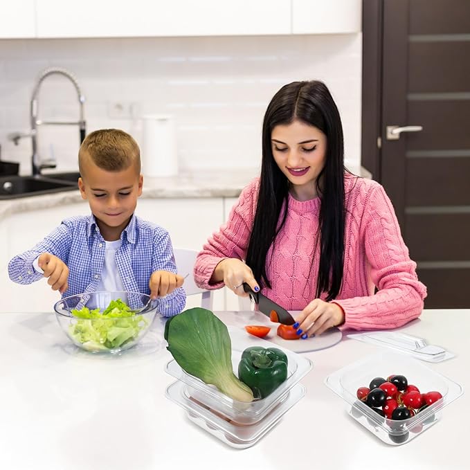 6 Pcs Clear Polycarbonate Food Pans with Lids, 1/6 Stackable Plastic Foods Pans for Commercial Kitchen Restaurant Food Prep, Freezer-Safe, 2.6 Inches Deep