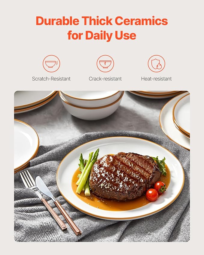 VEVOR Dinnerware Set, Service for 8 (32 PCS), Round Plates and Bowls Sets, Scratch Resistant Ceramic Dinner Ware, Dishwasher and Microwave Suitable Kitchen Dish, for Dessert Salad Soup Pasta, White