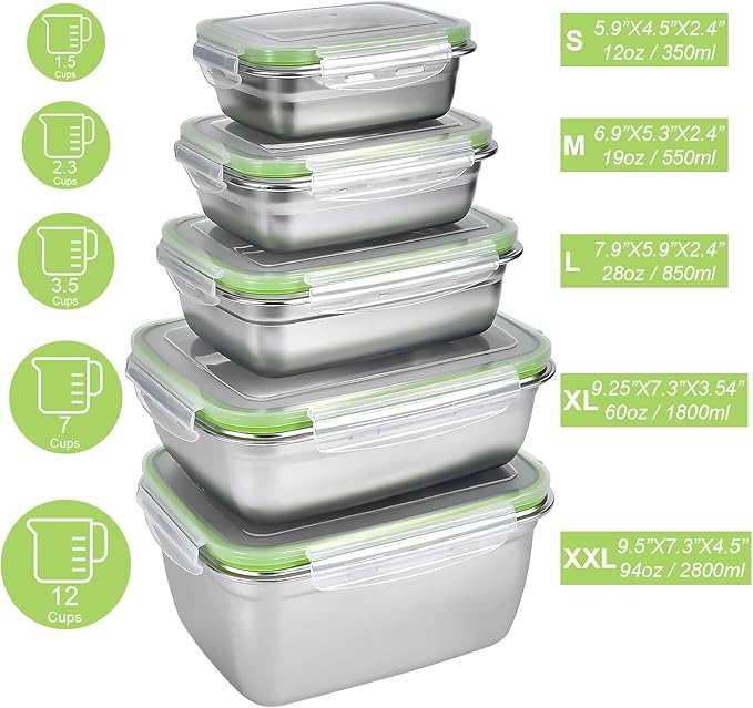 UPTRUST Stainless Steel Food Storage Containers | Leak Proof & Airtight Lids | Set of 5 Containers, Dishwasher & Freezer Safe, Green