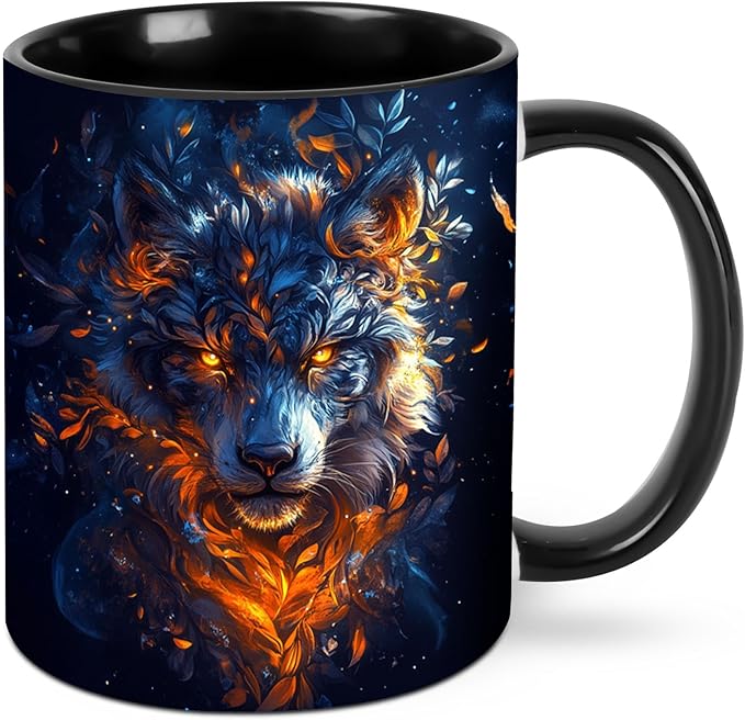 Yrebyou Wolf Coffee Mug Funny Tea Cup Ceramic Mugs 11OZ with Handle Gifts for Women Men Home Office Decor