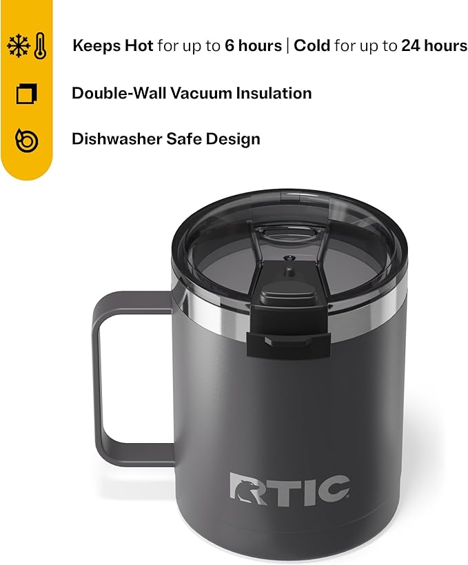 RTIC 12oz Essential Coffee Mug with Lid and Handle, Insulated, Ceramic Lined, Stainless Steel, Metal, Double Wall Vacuum-Insulation, Portable, Travel Cup for Hot and Cold Drink, Graphite