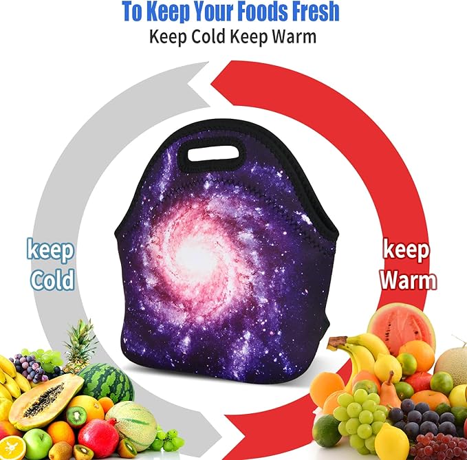 Violet Mist Women's Reusable Neoprene Lunch Bag, Galaxy Sky Insulated, Thermal, Waterproof, 11.42"L x 10.43"H x 5.51"W, 8.7 inches, fits containers up to 7"W x 6"L