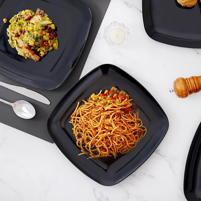 TP 10.5" Melamine Square Dinner Plates, 6-piece Plate Set Unbreakable Serving Dishes for Indoors and Outdoors, Unbreakable Dinner Service for 6, Black
