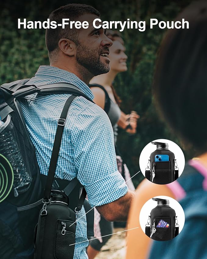 Trebo 64 oz Water Bottle Insulated with Handle, Half Gallon Stainless Steel Metal Large Water Jug, Travel Flask with Straw Spout Lid, Wide Mouth Mug with Carry Pouch, Keep Cold Hot, Black