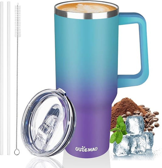 40 oz Insulated Coffee Mug with Ceramic Coating, Stainless Steel Travel Coffee Tumbler with Handle Lid and Straw, Double Wall Leak-Proof Coffee Travel Mug Keeps Drink Hot and Cold (Azure Purple)