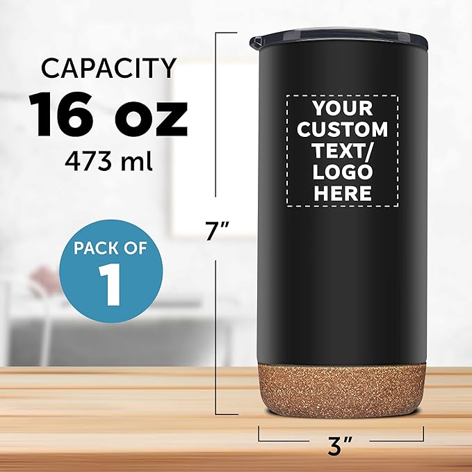 DISCOUNT PROMOS Custom Travel Tumblers with Cork Bottom 16 oz. Set of 1, Personalized Bulk Pack - Double Wall Insulated, Matte Finish, Perfect for Iced Coffee, Soda, Other Beverages - Black
