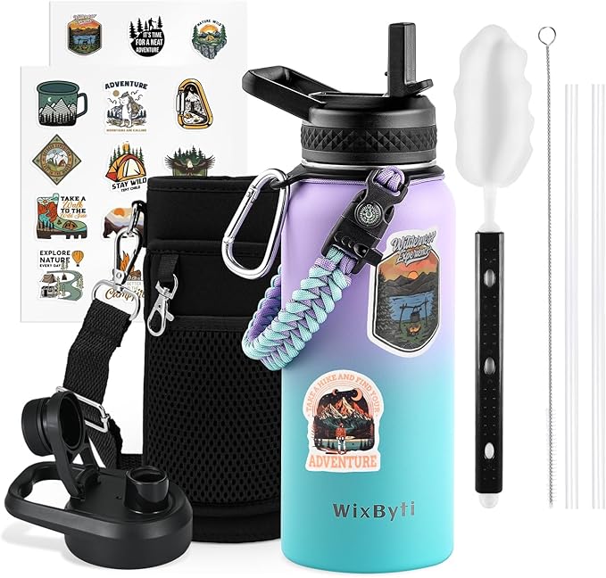 32 oz Insulated Water Bottle with Straw (Cold for 48 Hrs), Stainless Steel Triple Wall Vacuum Sports Water Jug, Leakproof Hydro Cup Flask with Paracord Handle & Straw Spout Lids & DIY Stickers