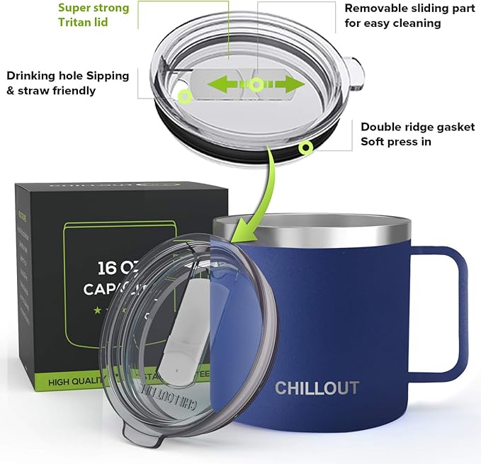 CHILLOUT LIFE Stainless Steel 16 oz Vacuum Insulated Coffee Mug with Handle and Lid, Large Thermal Camping Coffee Mug Cup with Durable Sliding Top for Men & Women - Keeps Beverages Hot/Cold