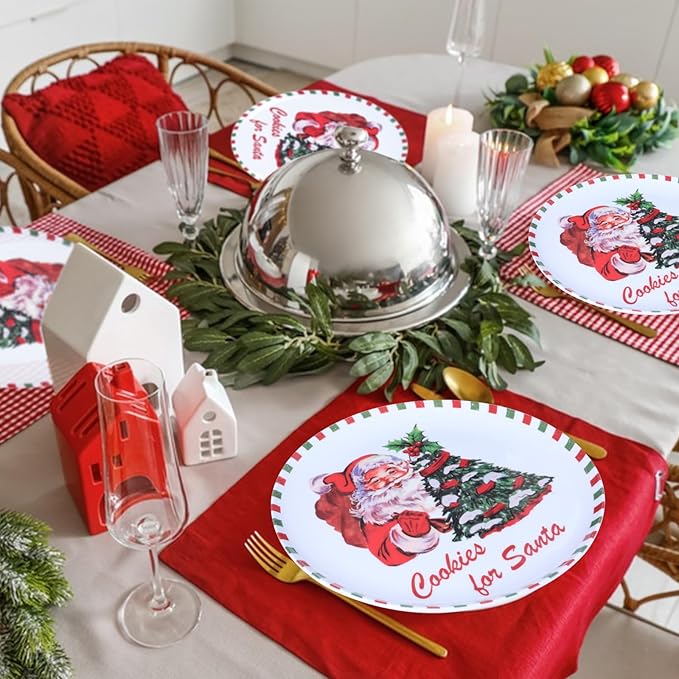 10-Inch Christmas Melamine Dinner Plates, 12-Piece Dishes Set, Lightweight & Stackable for Holidays& Decor‌ Party plates, Ideal for Salad,Dessert,Fruit and Cakes