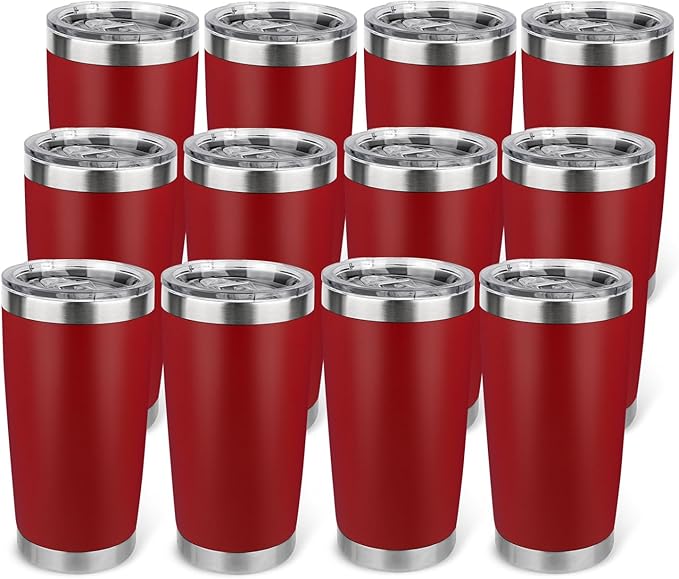 20oz Stainless Steel Tumbler Bulk with Lid, Travel Mug - Double Wall Vacuum Powder Coated Cup - Red, 12 Pack