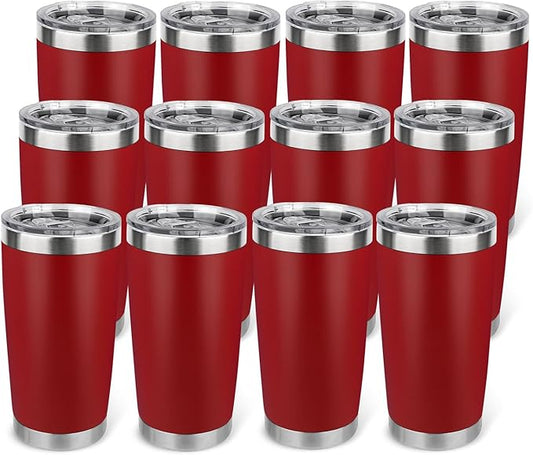20oz Stainless Steel Tumbler Bulk with Lid, Travel Mug - Double Wall Vacuum Powder Coated Cup - Red, 12 Pack