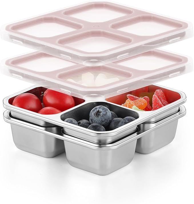 BEFOY 2 Pack Stainless Steel Snack Containers with Lids 4 Compartment Food Storage Containers for Adults Meal Prep Reusable for work or going out.(PINK, 2)