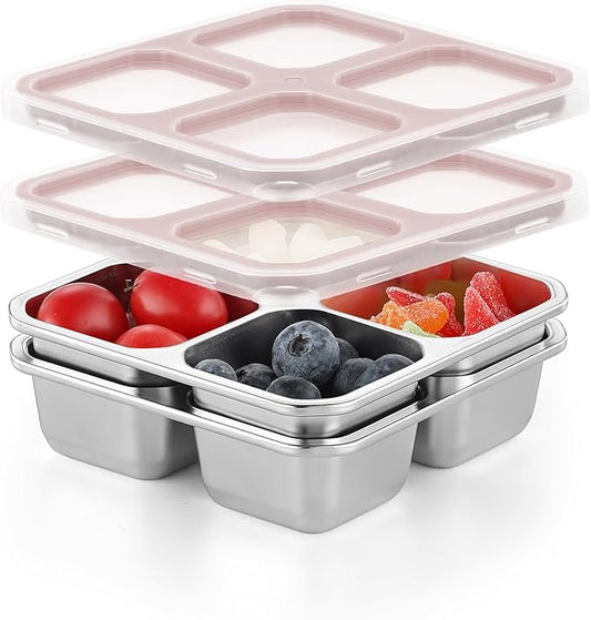 BEFOY 2 Pack Stainless Steel Snack Containers with Lids 4 Compartment Food Storage Containers for Adults Meal Prep Reusable for work or going out.(PINK, 2)