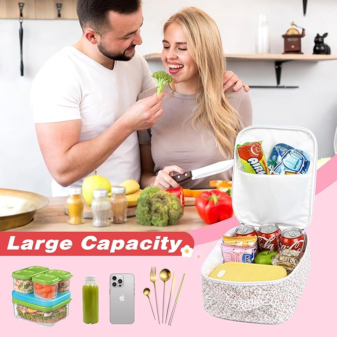 Aileam Lunch Box Lunch Bag for Women Cute Girls Insulated Womens Lunch Bag For Work Quilted Large Capacity Reusable Insulated Cooler for Work School Picnic Travel Pink Little Floral