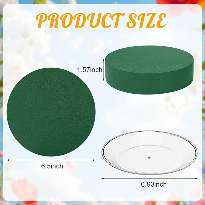 Threlaco 6 Sets Round Floral Foam and Clear Plastic Saucer Plant Drip Tray Floral Flower Dish Green Foam for Artificial Flowers Wedding Home Party Decoration