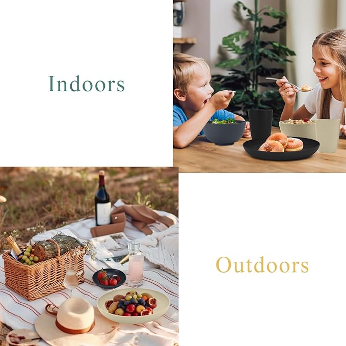 Wrova Wheat straw plates and bowls sets of 16 - Unbreakable wheat straw dinnerware sets for camping - Dishwasher safe and Freezer safe Dishes. Black & Grey