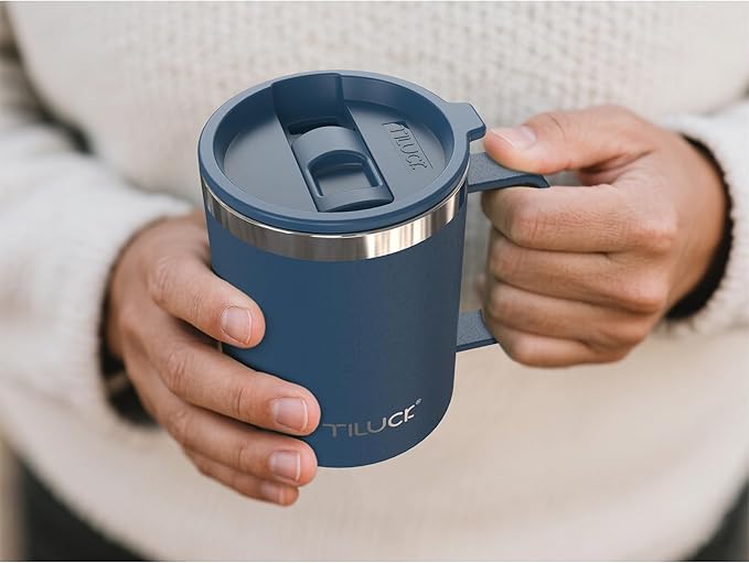 TILUCK 12 oz Insulated Coffee Mug with Lid, Leak-Proof Stainless Steel Travel Mug Cup with Handle for Hot or Cold Drinks(DarkBlue, 12oz)