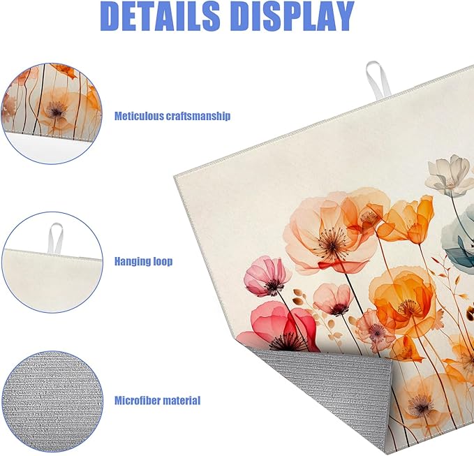 Poppy Dish Drying Mat for Kitchen Counter Wild Flower Drying Pad Absorbent Reversible Dish Drainer Rack Mats Draining Pad 18"x24"Inch