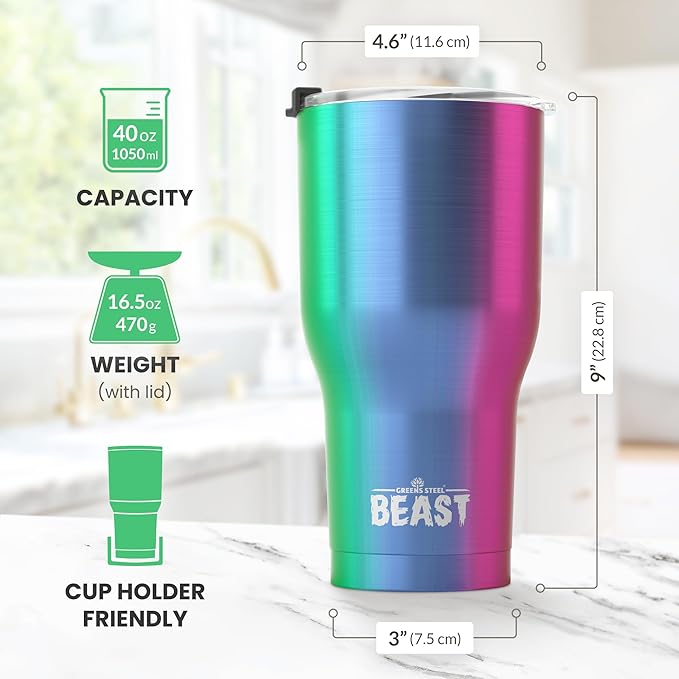 Beast 40 oz Tumbler Stainless Steel Vacuum Insulated Coffee Ice Cup Double Wall Travel Flask (Rainbow)