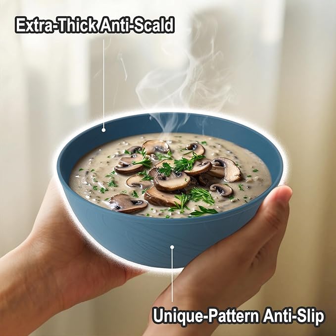 Wrova Wheat Straw Salad Bowls for Kitchen set of 6,Anit-Scald Thick Soup Bowls 40oz,Microwave and Dishwasher Safe Bowl set easy to clean. Blue