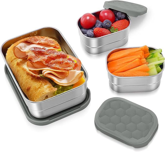 3 CUP+1 CUP Stainless Steel Lunch Snack Containers Set | Leak Proof 304 Stainless Steel Food Containers with Silicone Lids - Perfect Metal Lunch Box for School and Daycare (25oz+8oz*2)