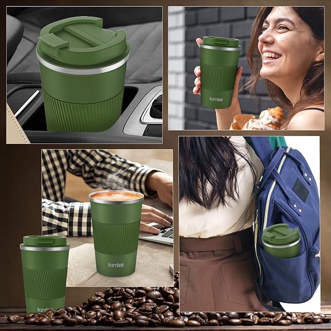 KETIEE Travel Coffee Mug 12oz: Vacuum Insulated Coffee Cup with Leakproof Lid, Coffee Tumbler, Reusable Coffee Cups, Double Wall Stainless Steel Coffee Mug to Go for Hot/Ice Coffee Tea (Army Green)