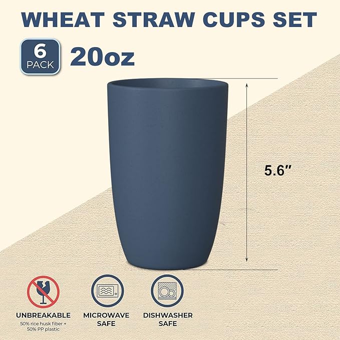 Wrova Wheat Straw Cups 6 PCS Good Alternative to Plastic Reusable Cups 20 oz Unbreakable Drinking Cup Reusable Dishwasher Safe Water Plastic Glasses Navy Blue