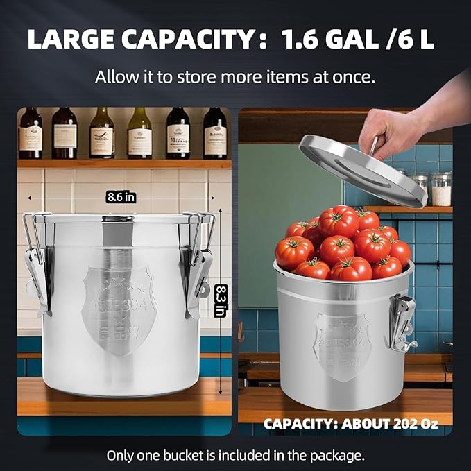 6L/1.6 Gal 304 Stainless Steel Containers with Lids 202 Oz Stainless Food Containers with Lids and Lock Hole Airtight Container for Kitchen Stainless Steel Bucket 304 stainless container