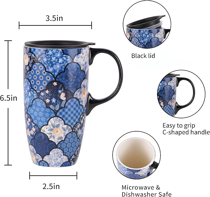 Topadorn Ceramic Mug Coffee Cup with Spill-Proof Lid Latte Mug for Home and Office with Gift Box,Blue