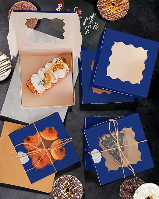 qiqee Navy Blue Cookie Boxes with Window 36packs 6x6x3 Navy Blue Bakery Box Pastry Box for Wedding Favor Birthday ＆ Party