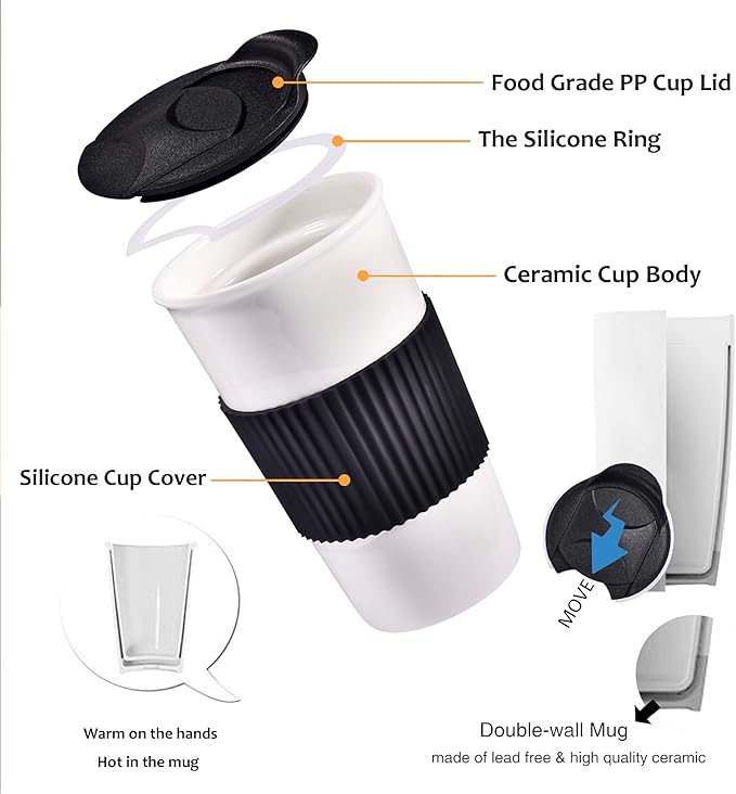Ceramic Travel Coffee Mug with Non-Slip Silicone Sleeve, and Slider Splash Resistant Lid, To Go Tumbler for Car Cup Holder, Reusable White Coffee Cup, Gifts for Women Men Him Her, 12 oz, Black