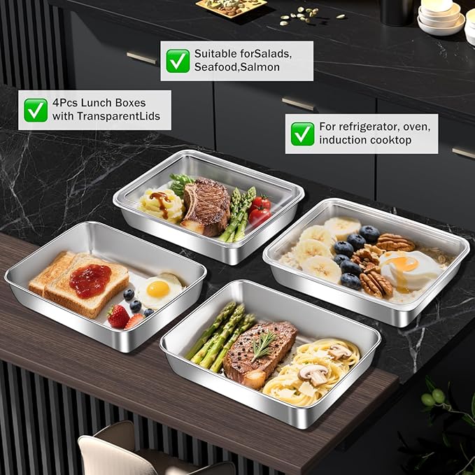 4 Pcs Stainless Steel Food Containers with Clear Lids, Stackable Snack Storage Boxes, Deli Meat Keeper for Refrigerator or Picnic, BBQ Party, Office, Gym Lunch