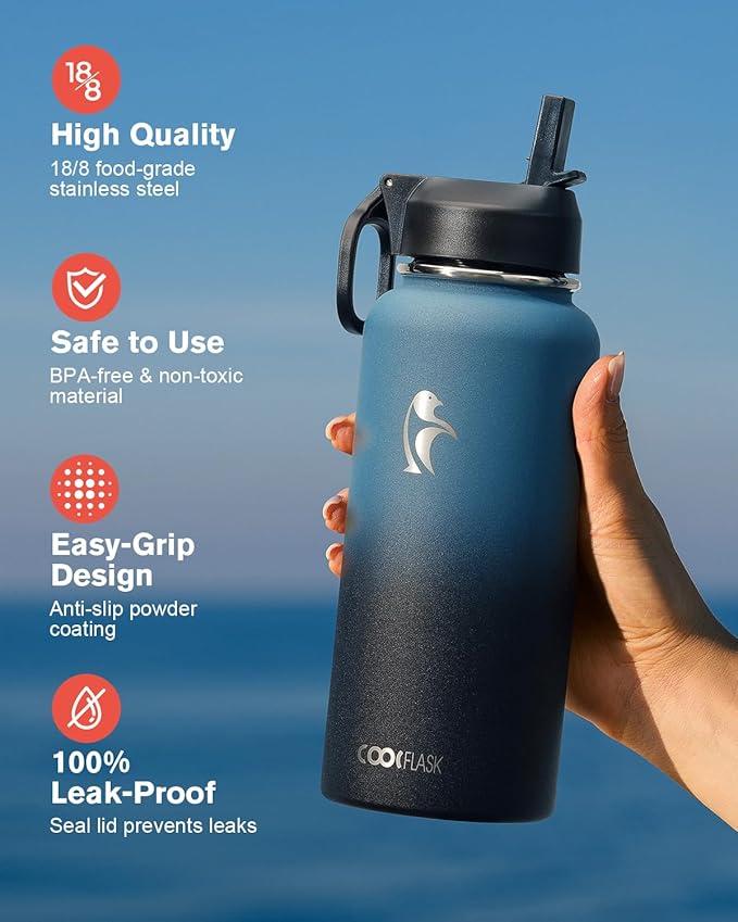 Water Bottle 32 oz Insulated with Straw, Coolflask Stainless Steel Metal 3 Lids Water Flask Wide Mouth for Sports or Office, Non-BPA Keep Cold Up to 48 Hrs or Hot Up to 24 Hrs, Samurai Cyan
