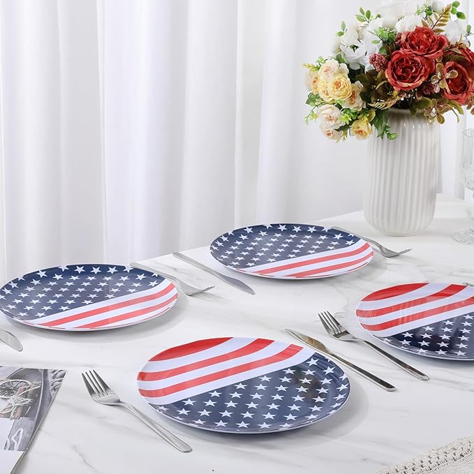 White Melamine Dinner Plates,6pcs Dishes Set,10inch Lightweight Round Plates,Scratch Resistant Unbreakable Serving Dishes,Flag