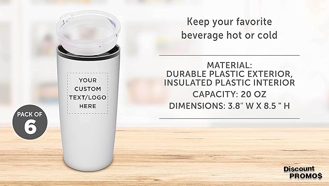 Custom Plastic Tumblers 20 oz. Set of 6, Personalized Bulk Pack - With lids, Ice Coffee Tumbler, To Go Cup, Insulated - White