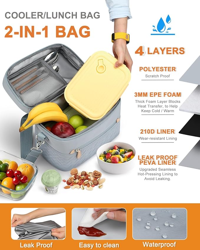 Capolo Lunch Box for Women Men Adults,Insulated Lunch Bag Leakproof Lunch Cooler Box with Removable Strap Cute Lunch Tote Bags Reusable Thermal Lunchbox for School Work Picnic(Small,Blue)