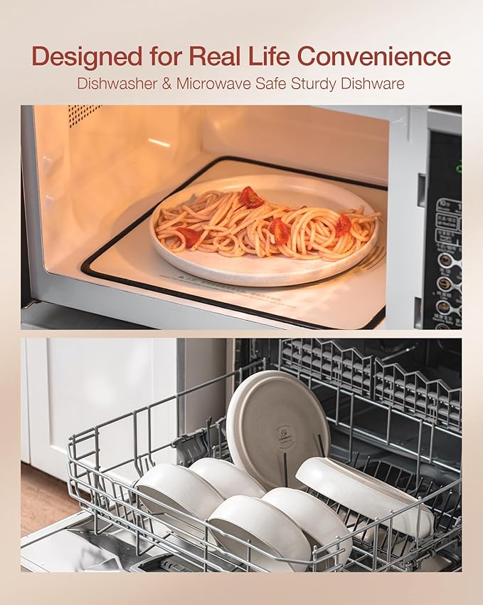 Famiware Milkyway Plates and Bowls Sets, 24 Pieces Dinnerware Sets, Reactive Glaze Dish Set, Stoneware Dishes Set for 8, Matte White