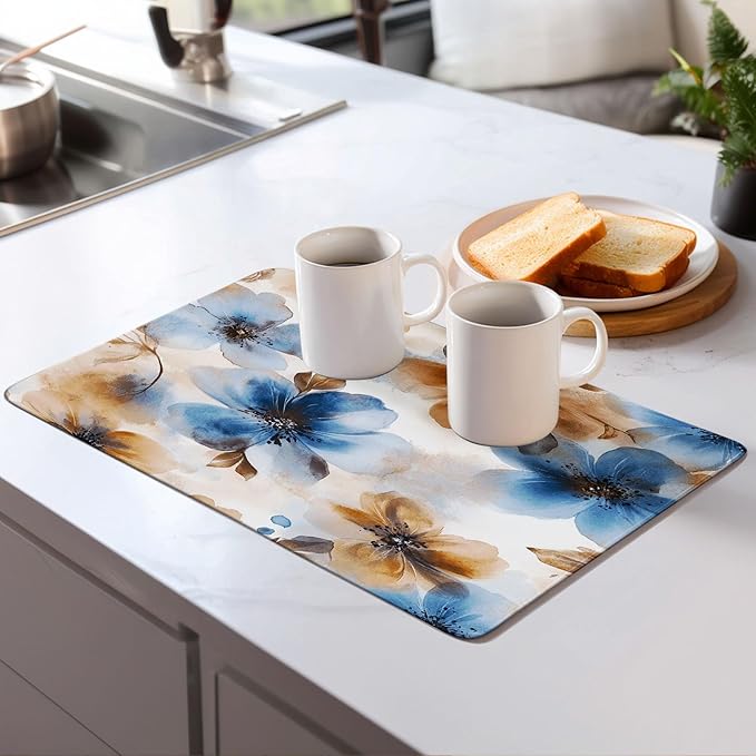 Watercolor Flowers Dish Drying Mat for Kitchen Counter Microfiber Super Absorbent Non-Slip Dish Drying Pad for Countertops Dishes Utensils Stylish Quick-Dry Machine Washable 18x24 Inch