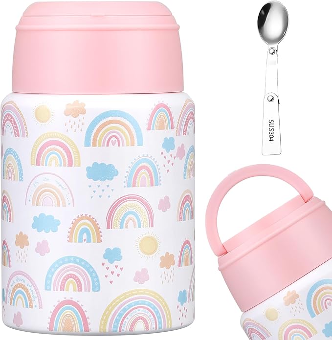 17oz Soup Thermo for Hot Food Kids Insulated Food Jar,Thermo Hot Food Lunch Container, Width Mouth Stainless Steel Lunch Box for Kids with Handle Folding Spoon(White - Little Rainbow)
