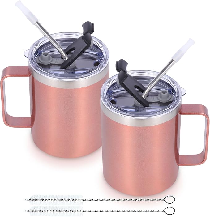 Volhoply 12oz Insulated Leakproof Coffee Mug with Flip & Straw Lid Bulk 2 Pack,Double Wall Vacuum Stainless Steel Travel Tumbler Cup with Handle,Reusable Camping Mugs Keep Cold/Hot(Rose Gold,2 Set)