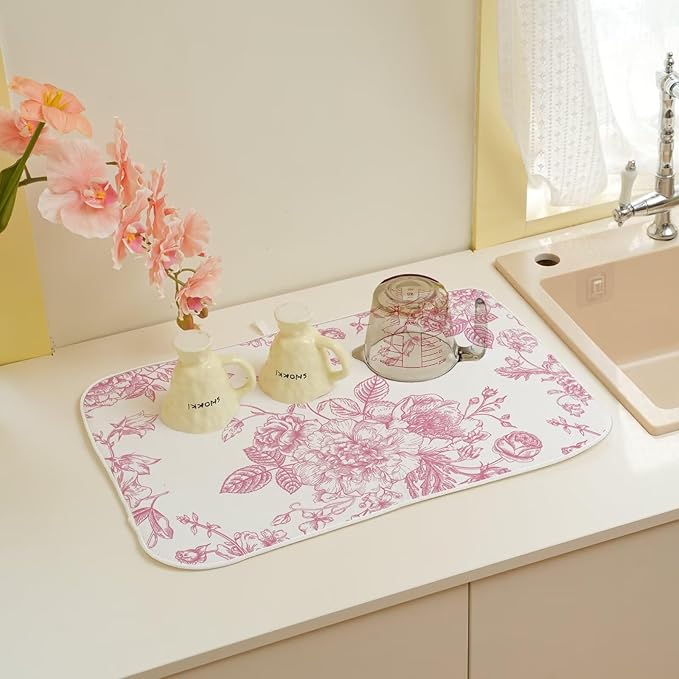 Pink Chinoiserie Floral Dish Drying Mat 18 x 24 inch Vintage Flower Decorative Drying Mats Microfiber Absorbent Dish Washable Draining Mat for Kitchen Counter Decor