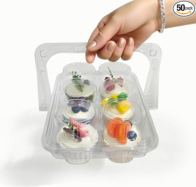 50 Pack of 6-Chamber Handheld Transparent Muffin Container, Disposable Plastic Cupcake Container With Lid, Cake Rack