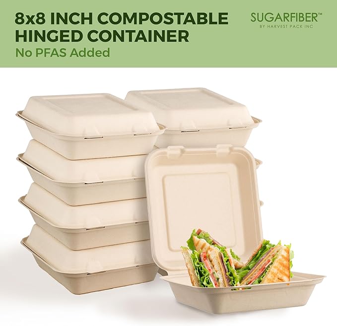 [50 COUNT]Harvest Pack PFAS FREE 8 X 8" Compostable Clamshell Food Containers, Heavy-Duty to go Hinged Container, Disposable Bagasse Eco-Friendly Natural Takeout to go Box, Made from Sugarcane