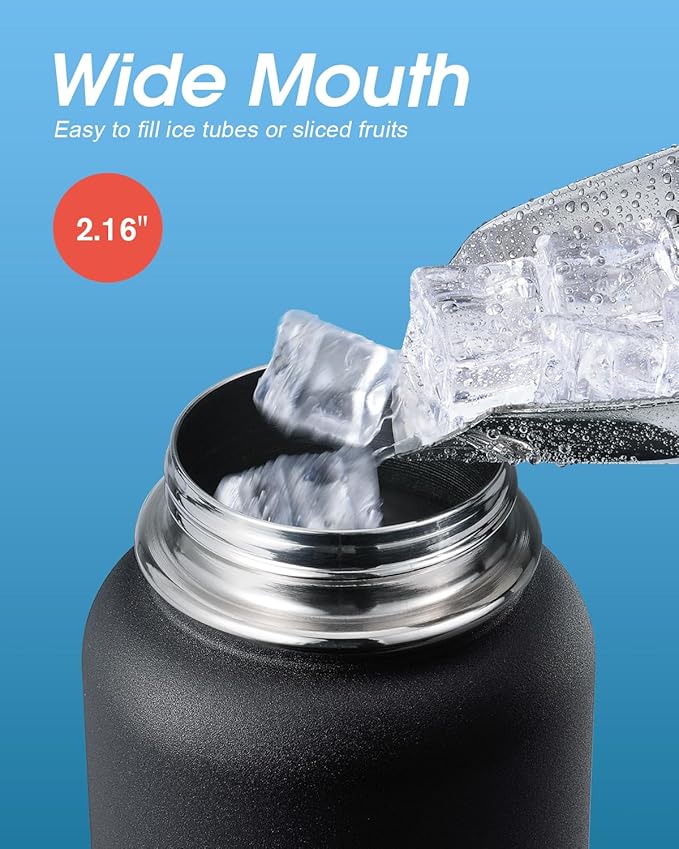 Water Bottle 40 oz Insulated with Straw&Brush, Coolflask Vaccum Stainless Steel Metal 3 Lids Water Flask for Sports, Gym or Office, Keep Cold 48H Hot 24H, Magic Black