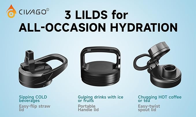 CIVAGO 40 oz Insulated Water Bottle With Straw, Stainless Steel Sports Water Flask Cup with 3 Lids (Straw, Spout and Handle Lid), Double Walled Travel Thermal Canteen Mug, Cool Gray