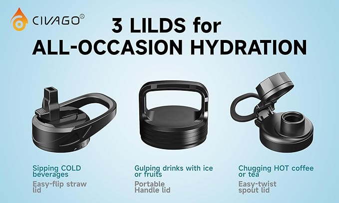CIVAGO 40 oz Insulated Water Bottle With Straw, Stainless Steel Sports Water Cup Flask with 3 Lids (Straw, Spout and Handle Lid), Double Walled Travel Thermal Canteen Mug, Indigo Black
